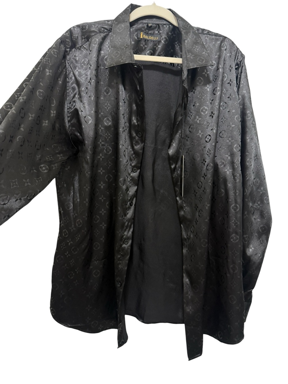 Men's Black Satin Button-Up Shirt. Copy of Louis Vuitton logo brand new. - Picture 4 of 11